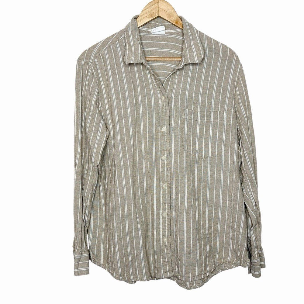 Gap Linen Blend Easy Shirt Tan Striped Womens L Nautical Preppy Fisherman Beachy